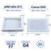 Dimensioni filtri Aldes InspirAIR SC 150 F7 + G4 – F7 150 × 190 × 45 mm, G4 150 × 200 mm