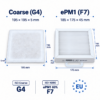 Dimensioni filtri Aldes InspirAIR SC 240 F7 + G4 – F7 185 × 175 × 45 mm, G4 195 × 195 mm