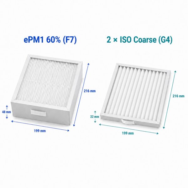 Dimensioni filtri per Brofer RDCD 2.5: 216 × 199 × 48 mm e 216 × 199 × 22 mm