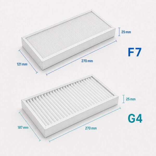 Dimensioni filtri Salda Smarty 2XV: F7 270 × 121 × 25 mm e G4 270 × 187 × 25 mm