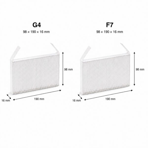 Maße der F7- und G4-Filter für Zehnder ComfoAir 70: 98 × 190 × 16 mm