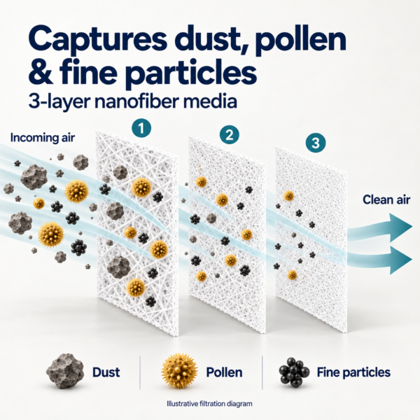 Three-layer nanofiber filter media capturing dust, pollen and fine particles